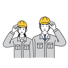 ヘルメット姿の作業服を着た男女の作業員のシンプルなイラスト

