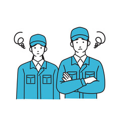 腕組みをする作業服を着た男女の配達員のシンプルなイラスト
