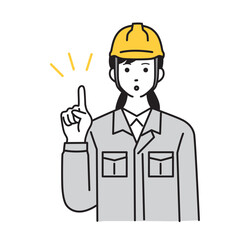 ヘルメットをつけて人差し指を立てる仕草をする作業服を着た女性作業員のシンプルなイラスト

