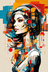 Illustration portrait of young woman in abstract vintage style.