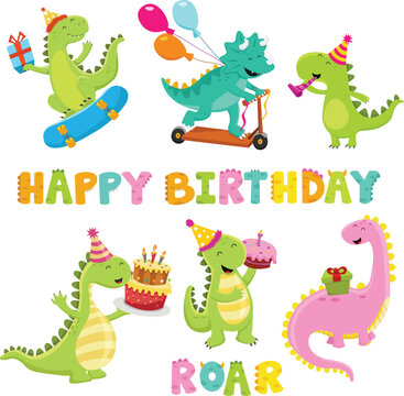 Collection Of Cute Cartoon Birthday Dinosaurs