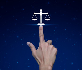 Hand pressing law flat icon over fantasy night sky and moon, Business legal service concept