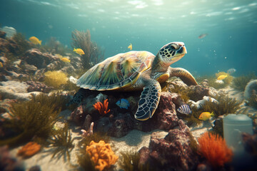 Obraz premium Turtle swims in water polluted with plastic, environmental pollution concept. Plastic pollution in ocean environmental problem