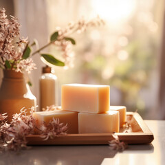 Organic handmade soap in a homemade setting with beautiful light. AI