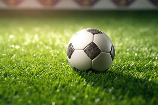 Classic soccer ball in sunset  with typical black and white pattern, placed on stadium turf. Traditional football ball on the green grass lawn with copy space.