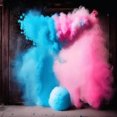 Pink and blue powder explosion on black background, gender party concept, AI generated