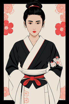 Japanese woman: Jet-black hair tied in a neat bun, obsidian eyes, red-tinted lips, white Kimono with floral embroidery, contrasting obi sash 