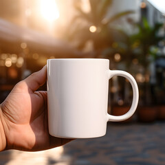 Mockup empty person hand holding a white blank coffee mug&nbsp;in cafe&nbsp;beautiful light and shadow