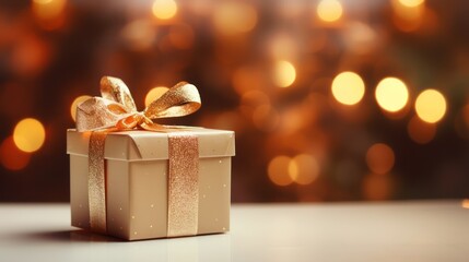 Gold giftbox on bokeh background. Generative Ai.