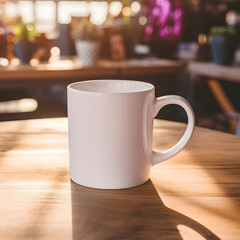 Mockup empty person hand holding a white blank coffee mug in cafe beautiful light and shadow