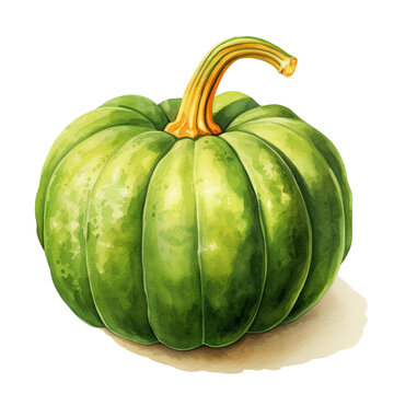 Single green pumpkin watercolor style on white background