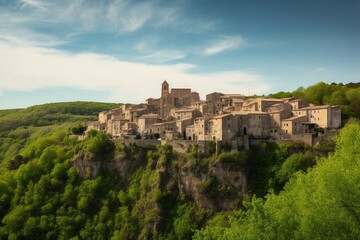 Fototapeta na wymiar Panorama of Sorano medieval town on a cliff in Tuscany, Italy, Generative AI