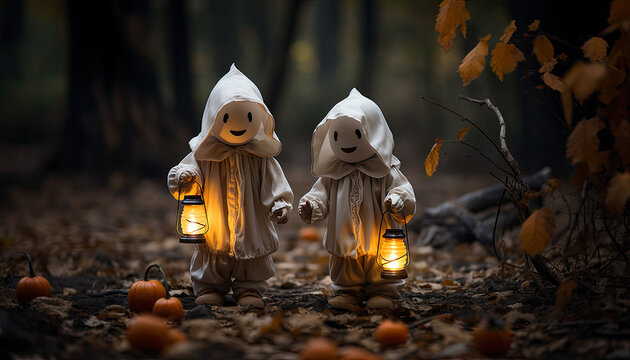 High quality stock photography of two children dressed up for halloween,dressed as a ghost standing in garden, holding orange lantern