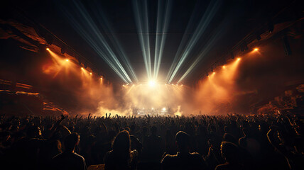 photorealism of Photo of a concert hall with people silhouettes clapping in front of a big stage lit by spotlights