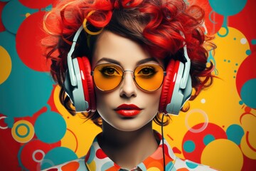 Trendy girl in bright colorful clothes listening to music in headphones. Party style. Fashion studio shot. Generative Ai.