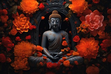 Buddha statue surrounded by orange flowers on a black background.Generative Ai