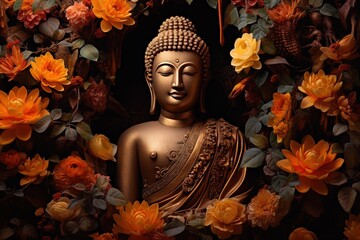 Buddha statue surrounded by orange flowers on a black background.Generative Ai