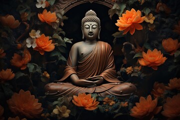 Buddha statue surrounded by orange flowers on a black background.Generative Ai