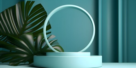 blue podium or pedestal for product display illustration modern minimal creative business elegant with monstera leaf created with Generative AI