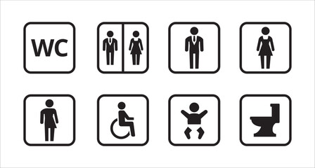 Toilet icons set. Bathroom man and woman symbol. Restroom toilet signs, WC toilet signs, vector illustration. Square shape sign in black and white. Isolated transparent background.