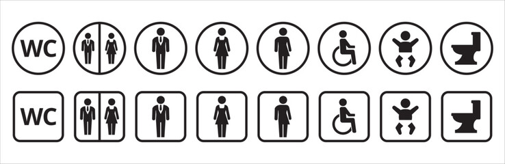 Toilet icons set. Bathroom man and woman symbol. Restroom toilet signs, WC toilet signs, vector illustration. Square and circle shape sign in black and white. Isolated transparent background.