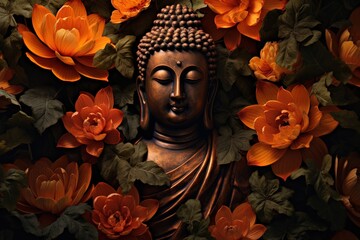 Buddha statue surrounded by orange flowers on a black background.Generative Ai