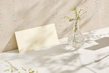 Empty envelope with shadows of flowers on light background. Elegant mockup paper card. Sunny and...