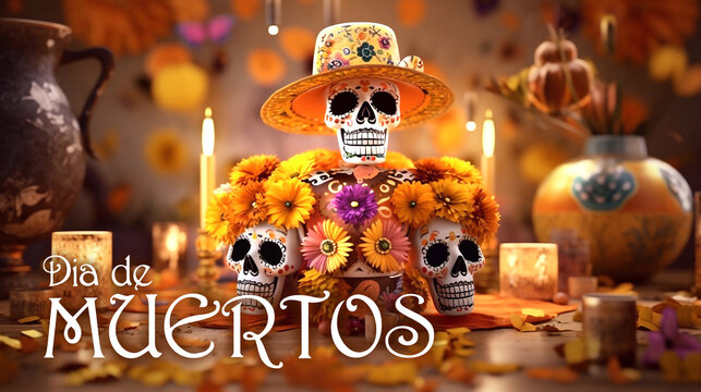 Day of The Dead or  Dia de los Muertos Poster Design with Sugar Skulls, Orange Flowers and Burning Candles.
