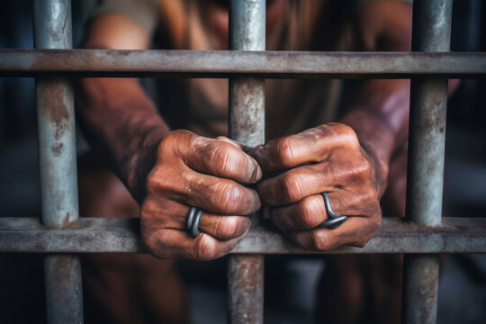 Man behind prison bars. Men's hands rest on the bars of a prison or prison cell. Conclusion concept. Crime and Punishment. Close-up. Repression. Justice.