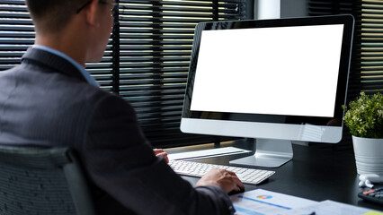 Rear view of businessman working with computer in modern office.