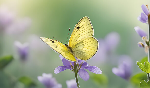 yellow butterfly close up macro on wild meadow violet flower in spring summer on a beautiful soft bl 