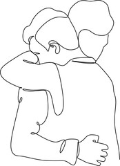 Continuous line drawings of cheerful friends hugging each other. Two young guys are hugging each other. Feel happy, friends meet with hugs, continuous line drawing of a couple in love