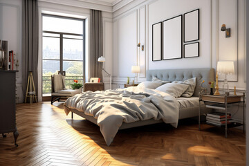 America bedroom America style gray bed wooden floor frame - Generative AI