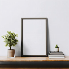 Frame mockup, Blank picture frame mockup on white wall, single vertical artwork template - Generative AI