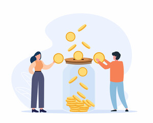 People putting and collecting coins in savings jar money savings and deposit growth concept for banner, website design or landing web page