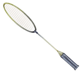 Badminton racket watercolor illustration. Hand drawn and isolated on a white background. Athletic lifestyle, sport design.