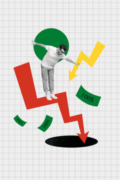 Vertical creative collage image of young man guy falling down arrow point down dollar usd banknotes economist bankrupt debt