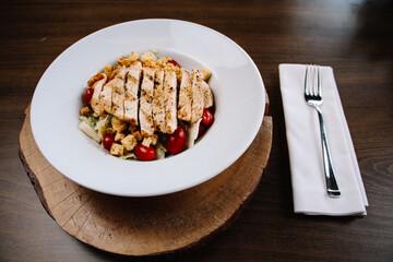 Chicken salad in stylish and luxurious restaurant