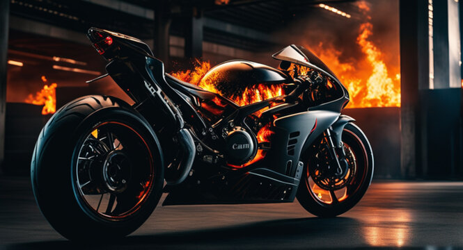 Sport motorcycle with fire background cinematic rider superbike