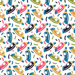 Seamless pattern of tubes of paint on a white background, oil paint, acrylic, gouache or watercolor, cartoon style. Creative cartoon vector illustration, hand-drawn, flat design. Print textiles, paper