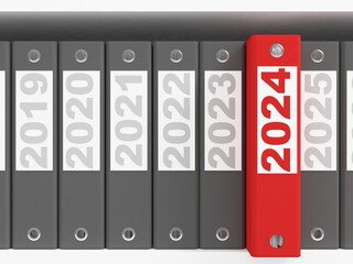 Office folders  on the shelves. New Year 2024 concept. 3d rendering