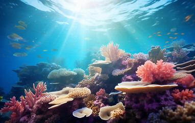 Fototapeta na wymiar Coral reef in sea with sun shining