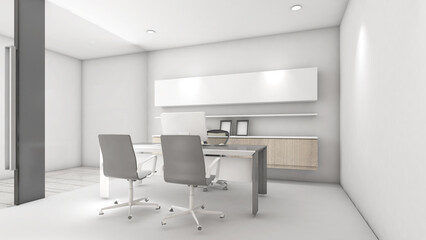 Company executive office White floor, white walls and executive desk.,3d rendering