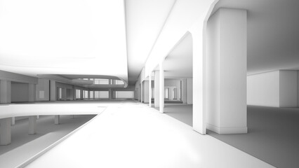 big, white, glistening building hall ,Area for structural work ,large mall structure ,3d rendering