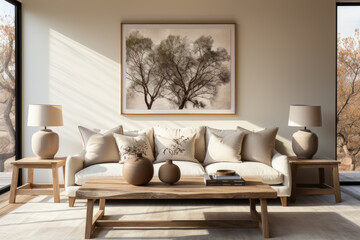 Fototapeta na wymiar .Minimalistic design in beige tones of a modern living room interior with rustic accents, a large painting on the wall above a light sofa, generative ai