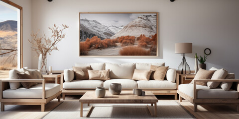 Fototapeta premium Minimalistic design in beige tones of a modern living room interior ecolodge with rustic accents, a large painting on the wall above a light sofa, generative ai