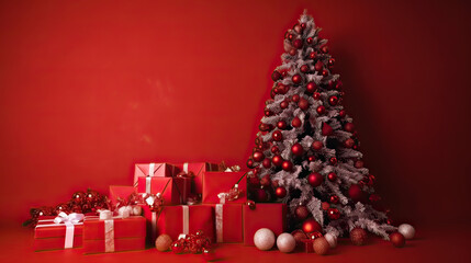 Big beautiful christmas tree decorated with beautiful shiny baubles  and many different presents on wooden floor. Red wall background