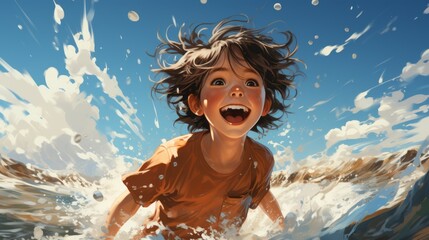 Happy young boy playing in the ocean waves on a bright summer day, illustration. Watercolor art of a cheerful smiling Caucasian kid running through the breaking sea waves. Vector illustration.