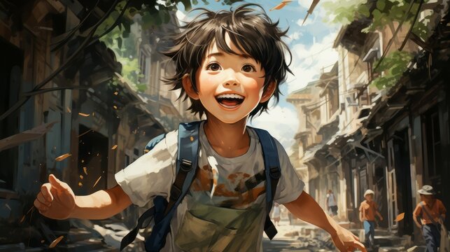 Happy Asian boy smiling in the city, illustration. Watercolor closeup Portrait of a happy Japanese kid standing on a street. Art of a male Chinese pre-teen with perfect white teeth closeup.