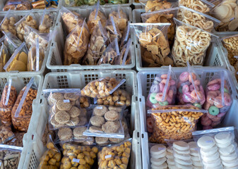 Jajan Pasar, Indonesian traditional snacks on street food market, in Yogyakarta, Indonesia